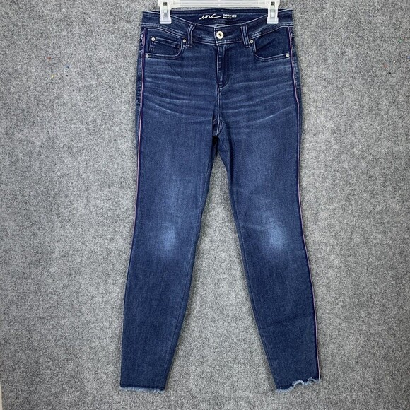 Inc.  Skinny Leg Jeans Women 6 Side Stripe Frayed Hems Whiskering - Picture 1 of 11